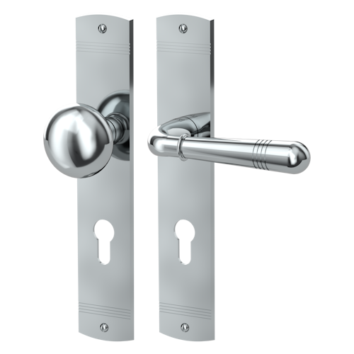 Griffwerk FABIO -Chrom Langschild-Garnitur -sichtbar verschraubt -Knopf R21 -WR -TS 40-45mm