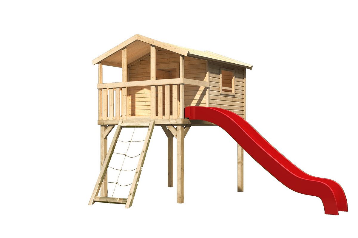 Akubi Kinderspielhaus Kinderspielgerät Benjamin inkl. Wellenrutsche und Netzrampe (Set B)-naturbelassen-rot