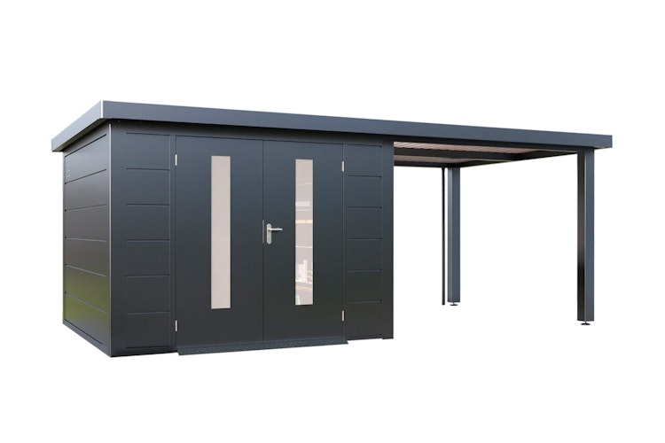 Wolff Finnhaus Premium Metall Gartenhaus Elvar 6030 Anthrazit inkl. 300 cm Anbaudach
