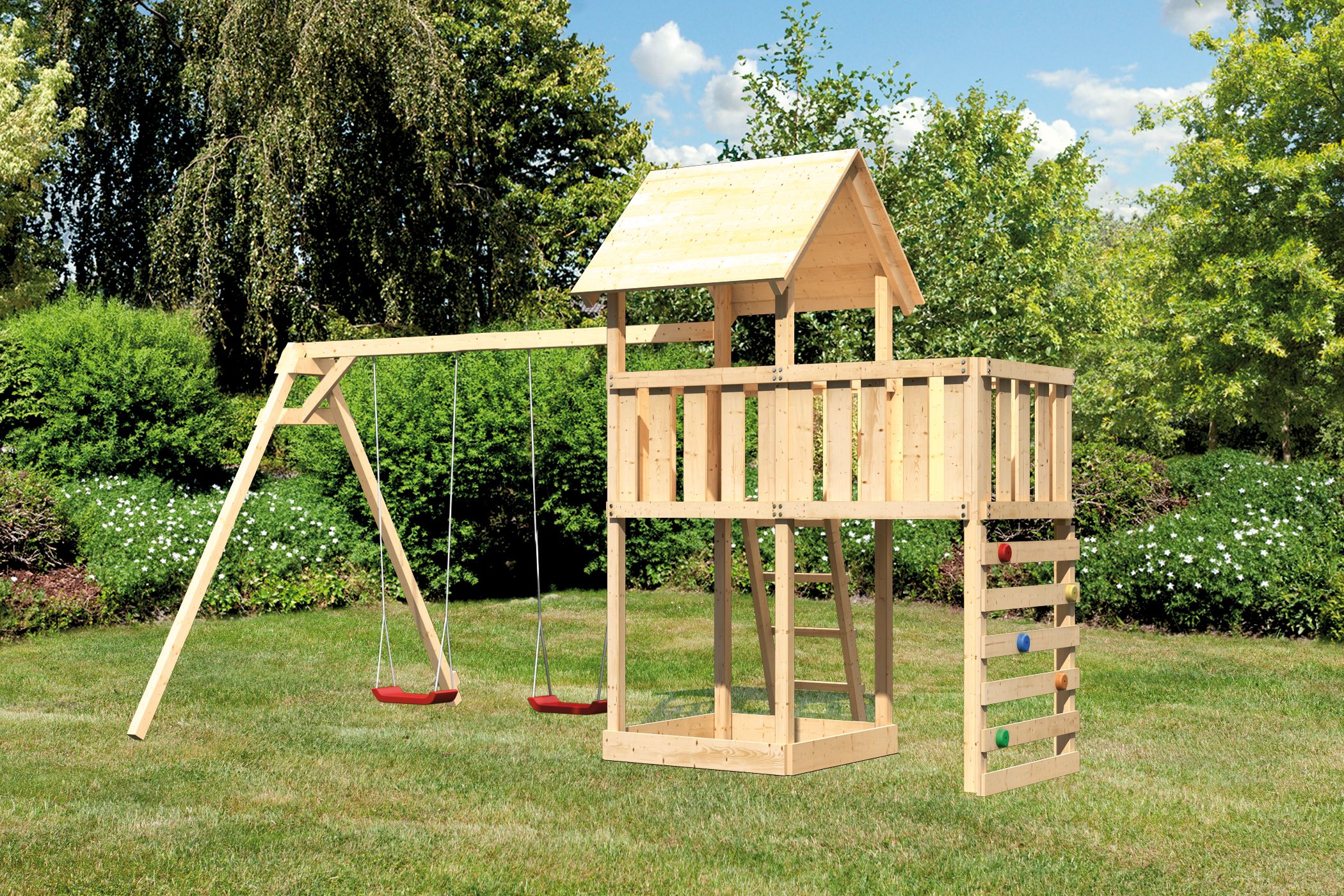 Akubi Kinderspielturm Lotti inkl. Doppelschaukel, Anbauplattform und Kletterwand