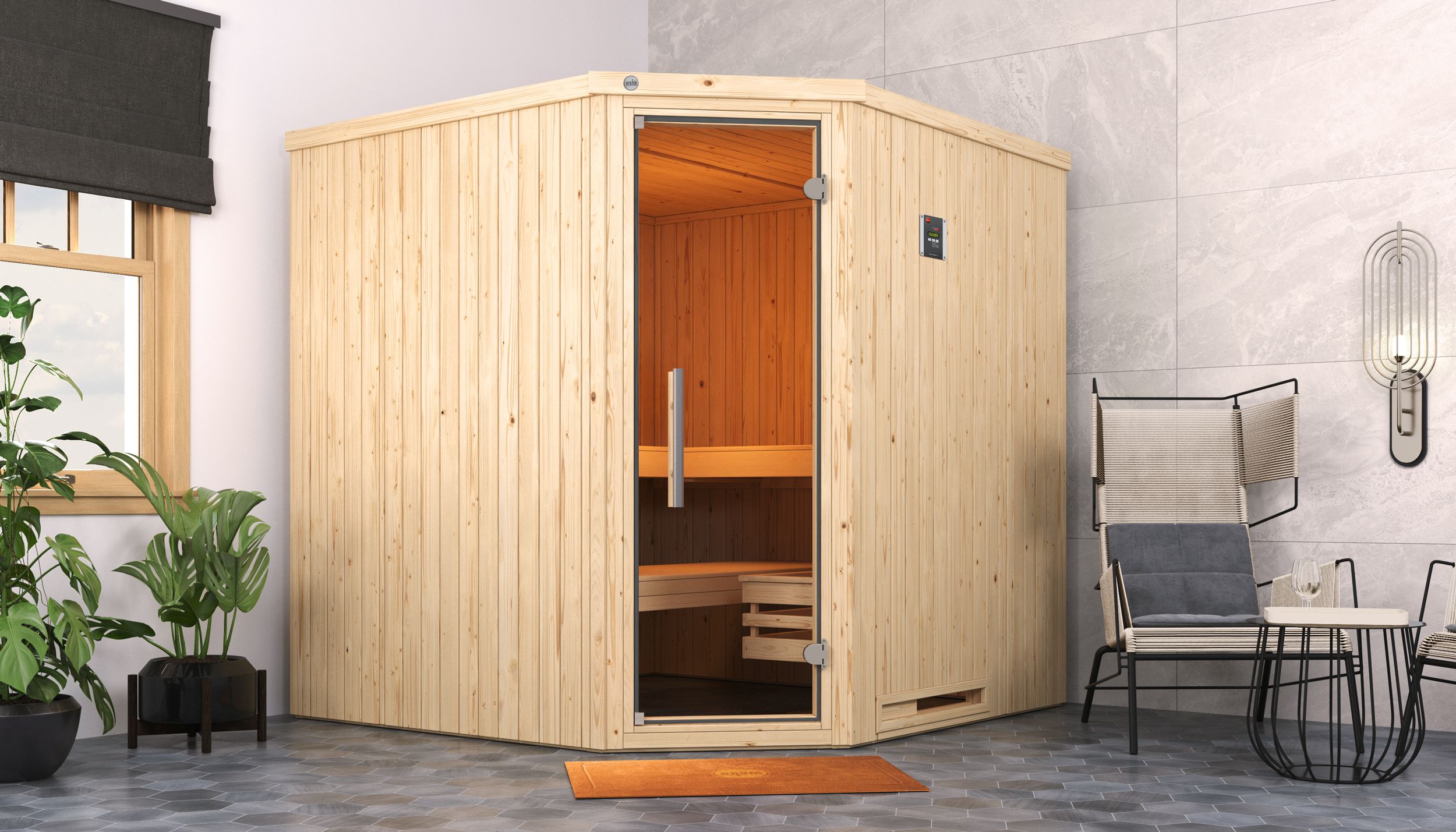 Weka Elementsauna Varberg 3 - 68 mm Sparset 2 inkl. 7,5 kW Bioaktiv-Ofen mit Steuergerät