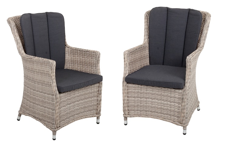 Garden Pleasure Gartenmöbel Set DIJON I, Tisch 200 x 100 + 4 Sessel, Polyrattan Sesamgrau / Glasplatte / Kissen 100 % Polyester Dunkelgrau