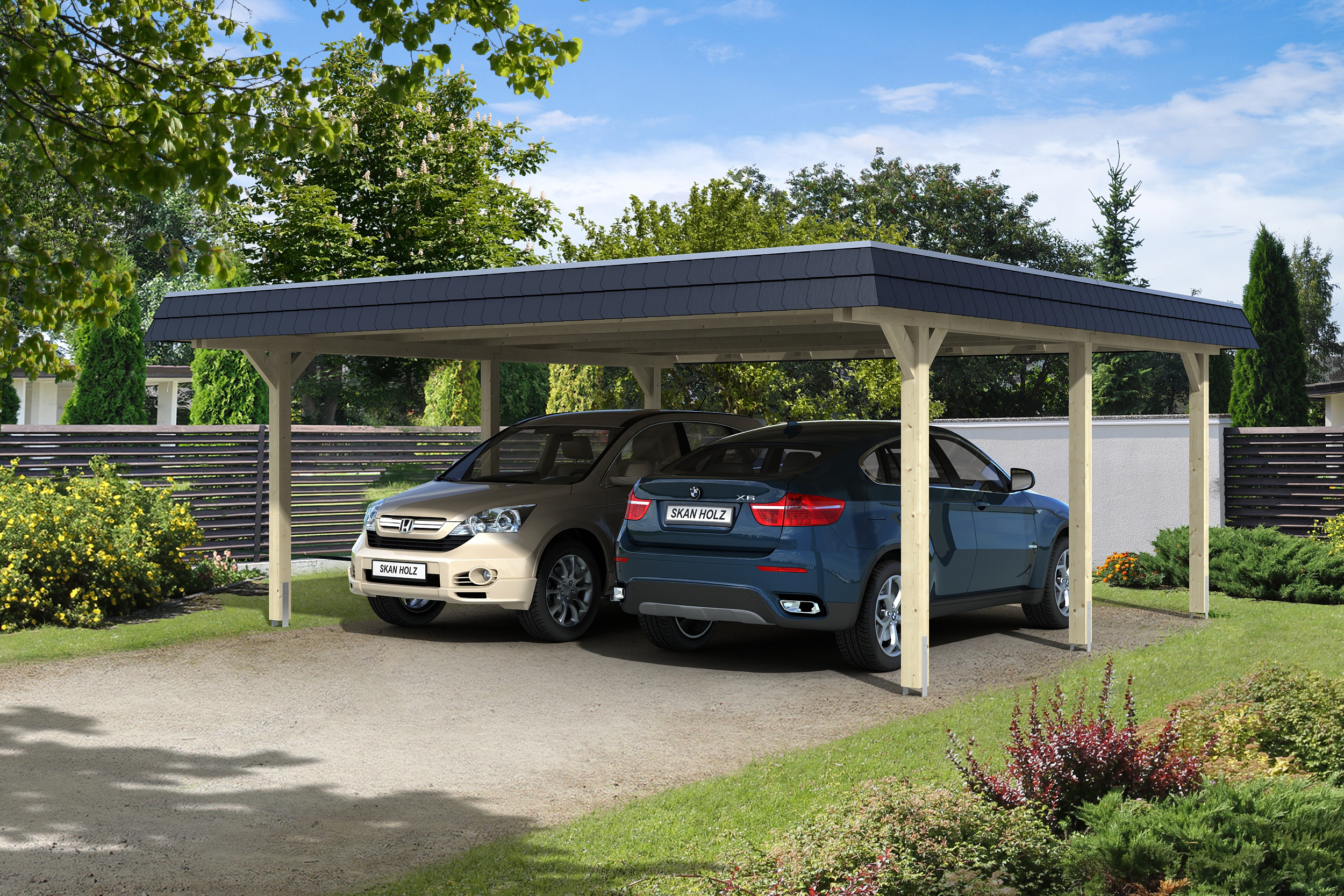 Carport Wendland 630x637 schwarze Blende, unbehandelt, 20mm Dachschalung mit EPDM Folie Holzcarport