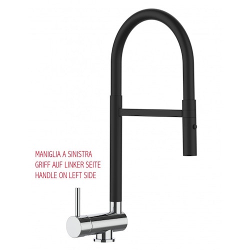 Wasserhahn Vorfenster Küchenarmatur, Umklappbar 6 CM, LINKER HEBEL, mit 360° schwenkbarem Auslauf abnehmbare 2 strahl Handbrause, Schwarz Matt und Verchromt
