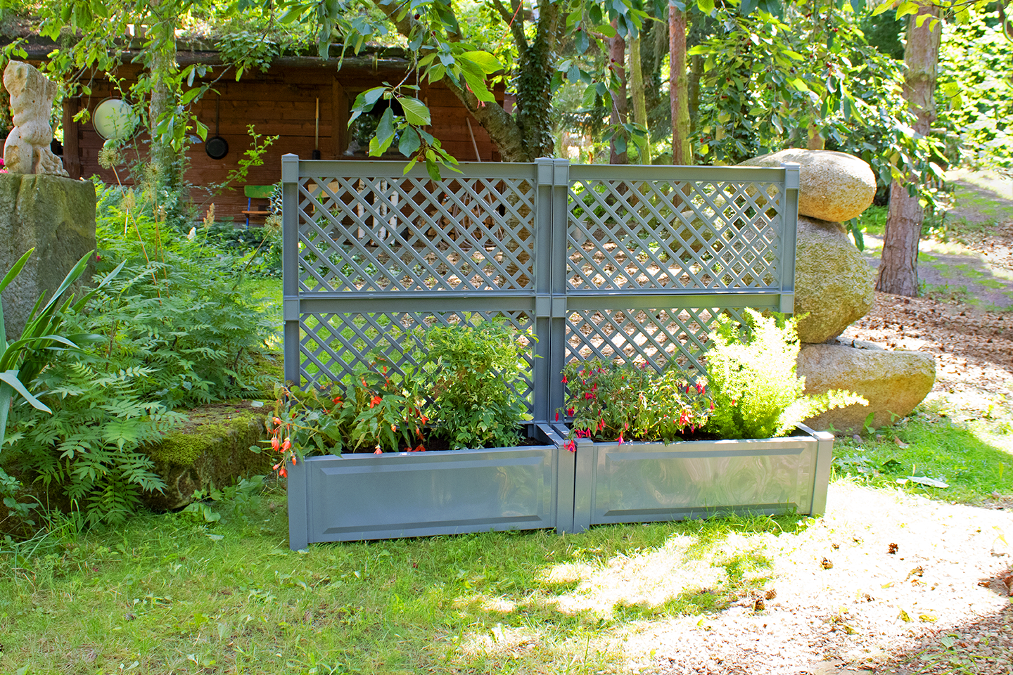 KHW Pflanzkasten groß mit Spalier 100 cm (2-tlg.) 2er Set grau