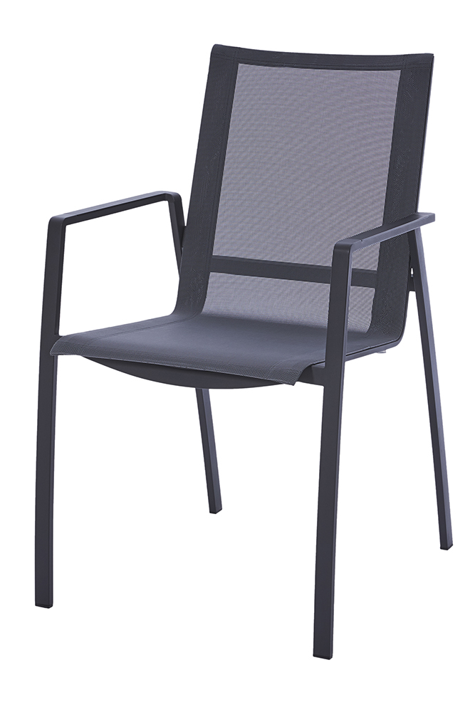 Diamond Garden Stapelstuhl VALENCIA, Edelstahl Dunkelgrau / Sunproof Sling Schwarz/Silber / Alu-Armlehnen