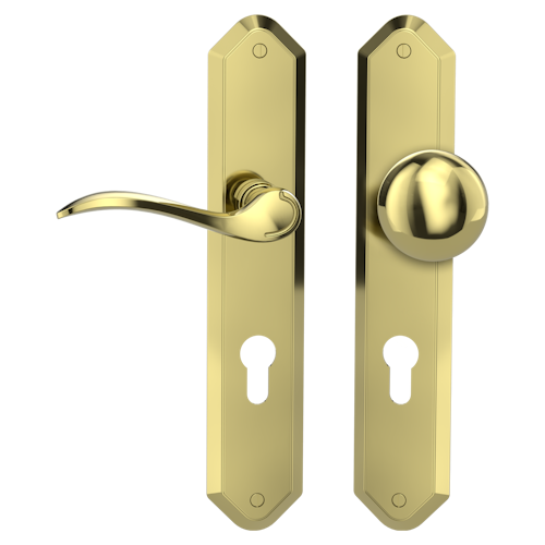 Griffwerk AMADEUS -Messing Optik Langschild-Garnitur -sichtbar verschraubt -Knopf R21 -WL -TS 40-45mm