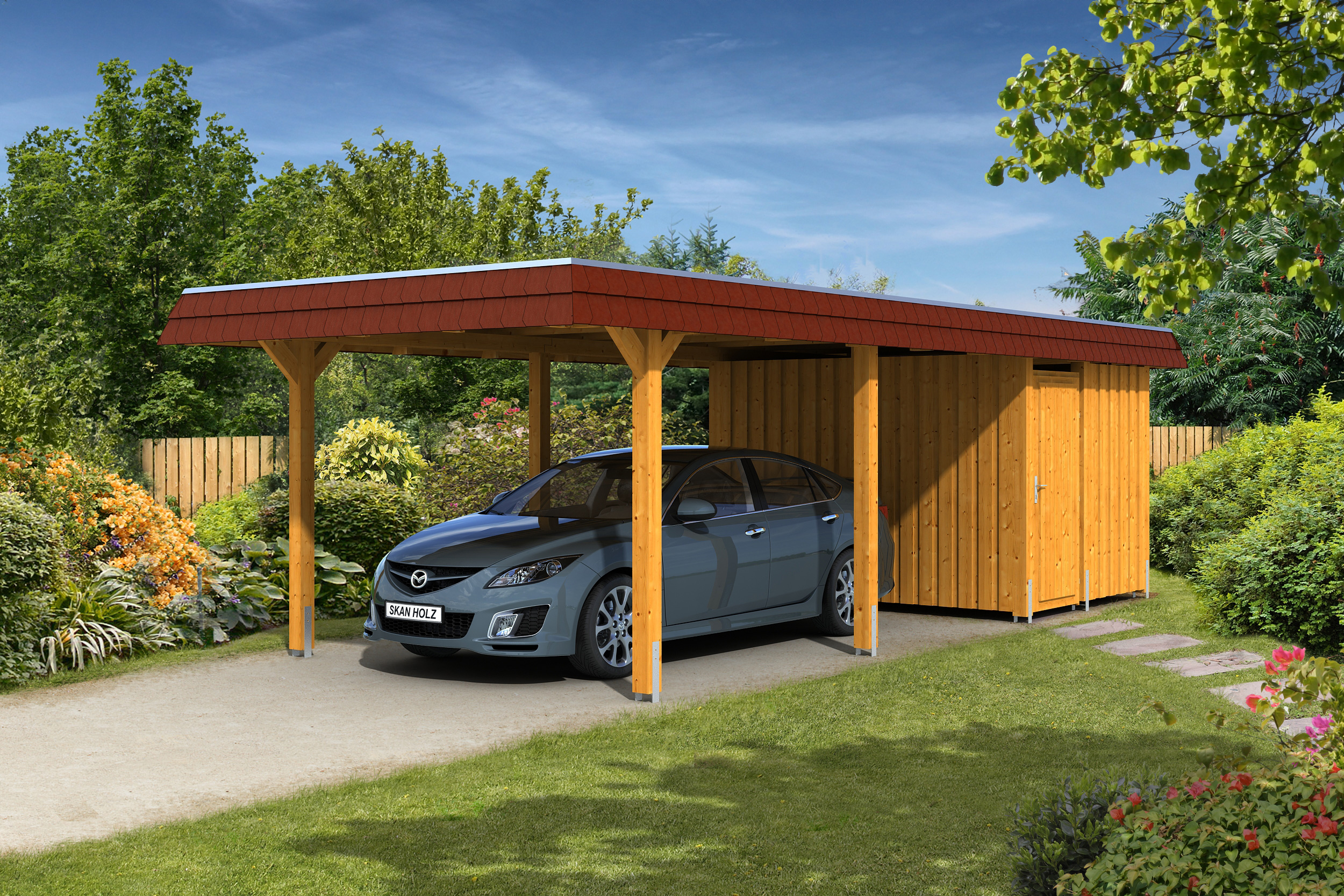 Skan Holz Walmdach Carport aus Leimholz Breite 362 cm Holzcarport