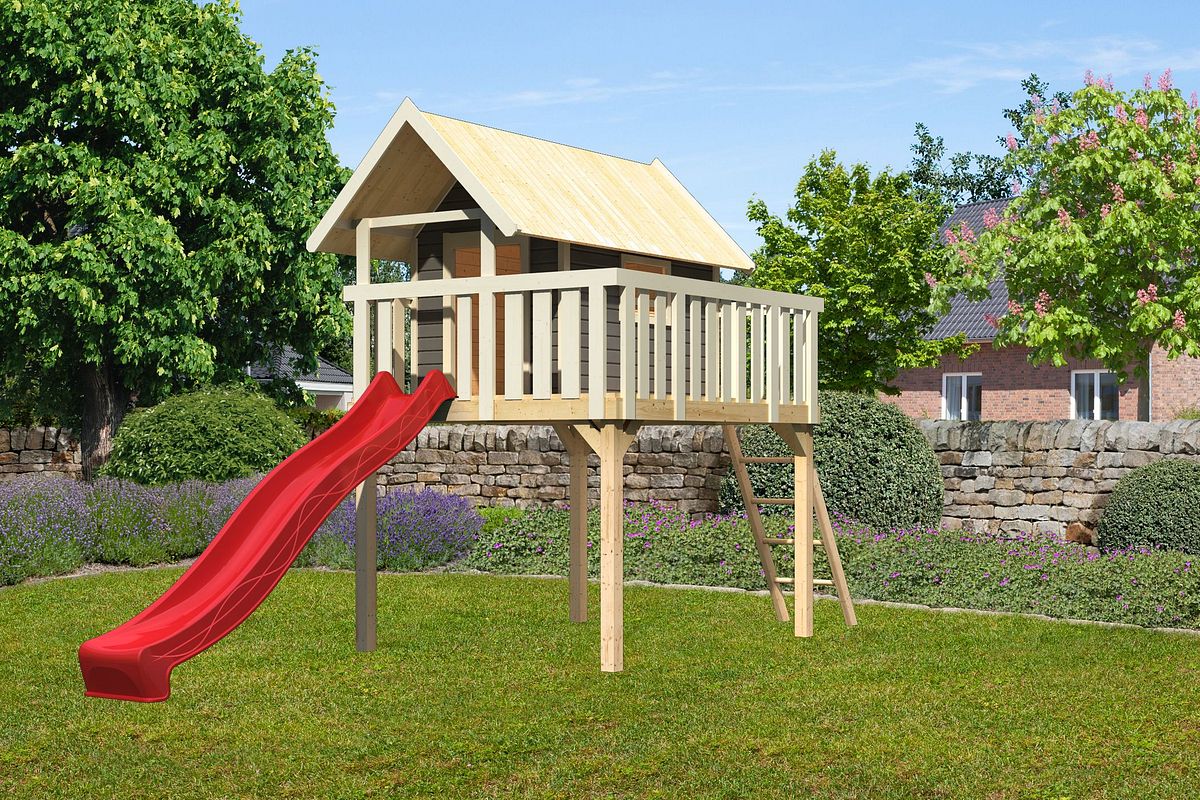Akubi Steltzenhaus Fidel mit Satteldach inkl. Wellenrutsche terragrau rot