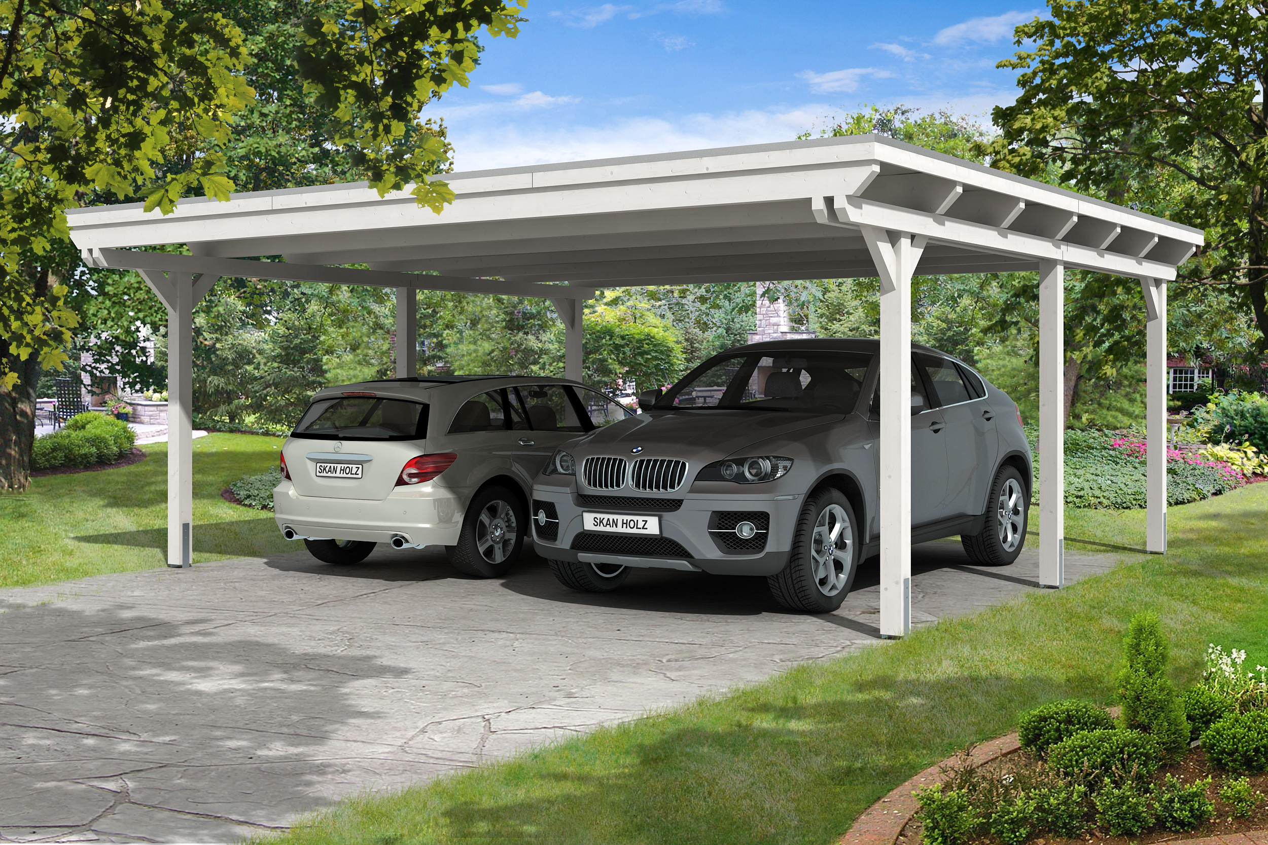 Skan Holz Emsland Flachdach Carport-613x604 cm-weiß Holzcarport