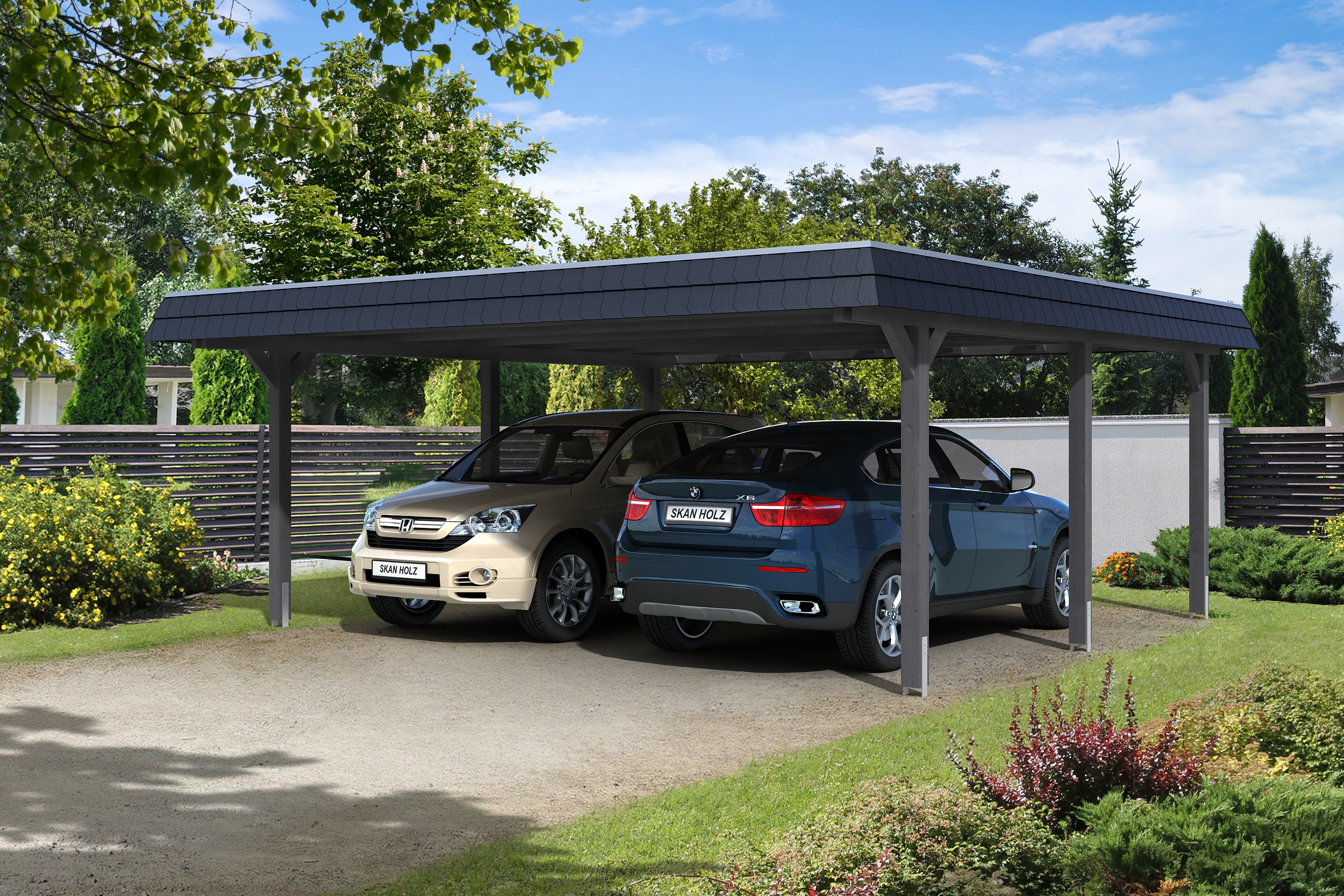 Carport Wendland 630x637 schwarze Blende, schiefergrau, 20mm Dachschalung mit EPDM Folie Holzcarport