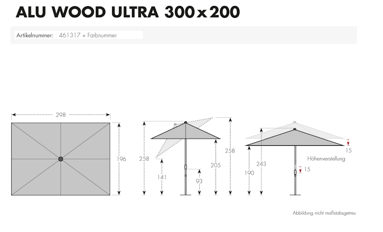 doppler Mittelmastschirm ALU WOOD 300 x 200 Auto-Tilt, Aluminium Esche-Optik / 100 % Polyester 180 g/m²