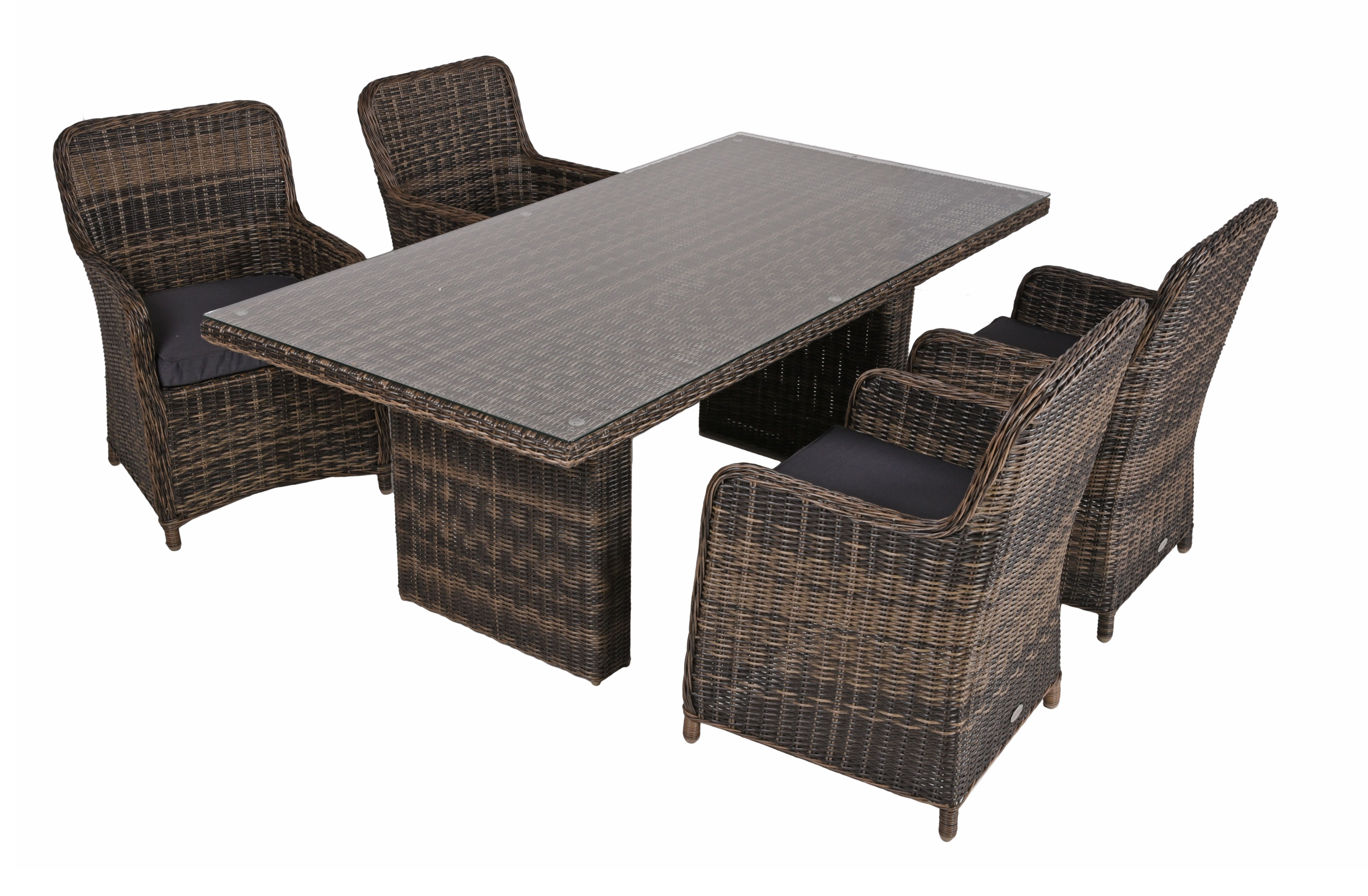 Garden Pleasure Gartenmöbel Set BORDEAUX I, Tisch 200 x 100 + 4 Sessel, Polyrattan Nelkenbraun / Glasplatte / Kissen 100 % Polyester Dunkelgrau