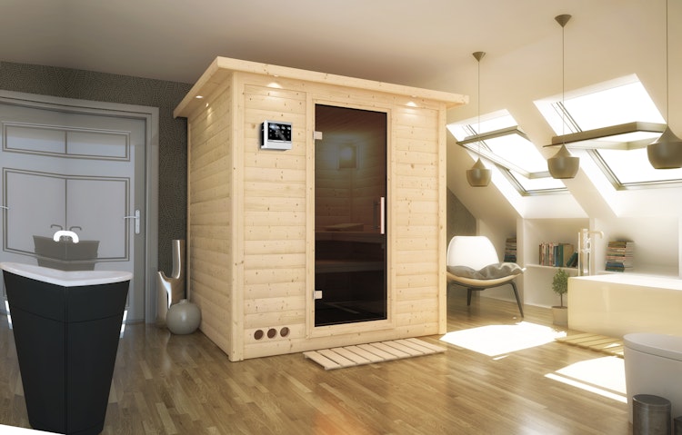 Karibu Sauna Mojave - Massivholzsauna mit Fronteinstieg 38 mm inkl. gratis Sauna-Zubehörset im Wert von 234,94 €