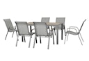 Vorschaubild Garden Pleasure Gartenmöbel Set PALENA, Tisch 150 x 80 cm + 6 Stapelsessel, Stahl Grau / Nonwood Holz-Optik / Kunststoffgewebe