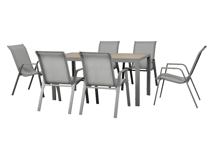Garden Pleasure Gartenmöbel Set PALENA, Tisch 150 x 80 cm + 6 Stapelsessel, Stahl Grau / Nonwood Holz-Optik / Kunststoffgewebe