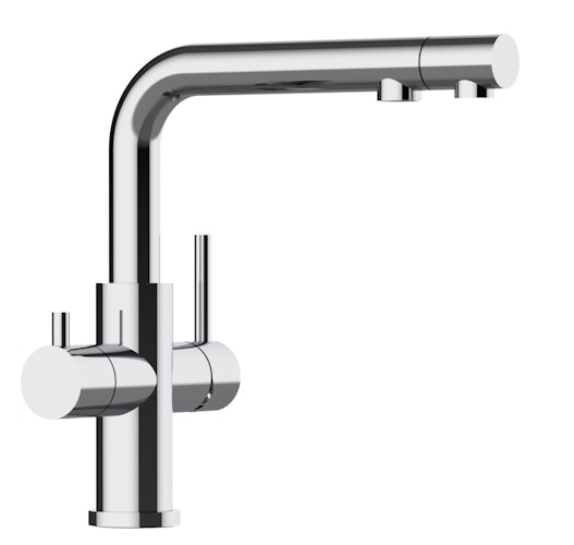 4 Wege Wasserhahn Küchenarmatur, Edelstahl Massiv mit schwenkbarem L-Auslauf und herausziehbarer Brause, Hochglanz