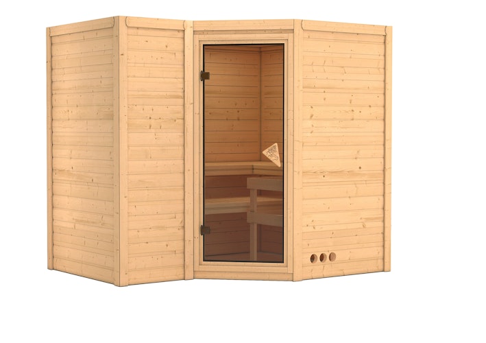 Karibu Sauna Sahib 2-Massivholzsauna 38 mm -Eckeinstieg - Exklusivoptik inkl. gratis Sauna-Zubehörset im Wert von 234,94 €