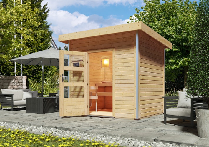Karibu Gartensauna Pultdach Saunahaus Norge naturbelassen inkl. gratis Sauna-Zubehörset im Wert von 234,94 €