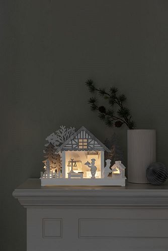 Konstsmide Weihnachtsbeleuchtung  LED Holzsilhouette Haus 4 warmweiße Dioden