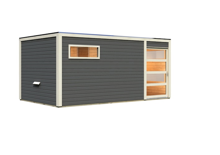 Karibu Gartensauna Saunahaus Hygge inkl. Vorraum, terragrau inkl. gratis Sauna-Zubehörset im Wert von 234,94 €