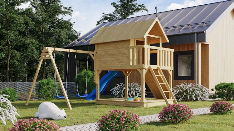 Akubi Stelzenhaus Fidel mit Satteldach inkl. Wellenrutsche und Doppelschaukelanbau