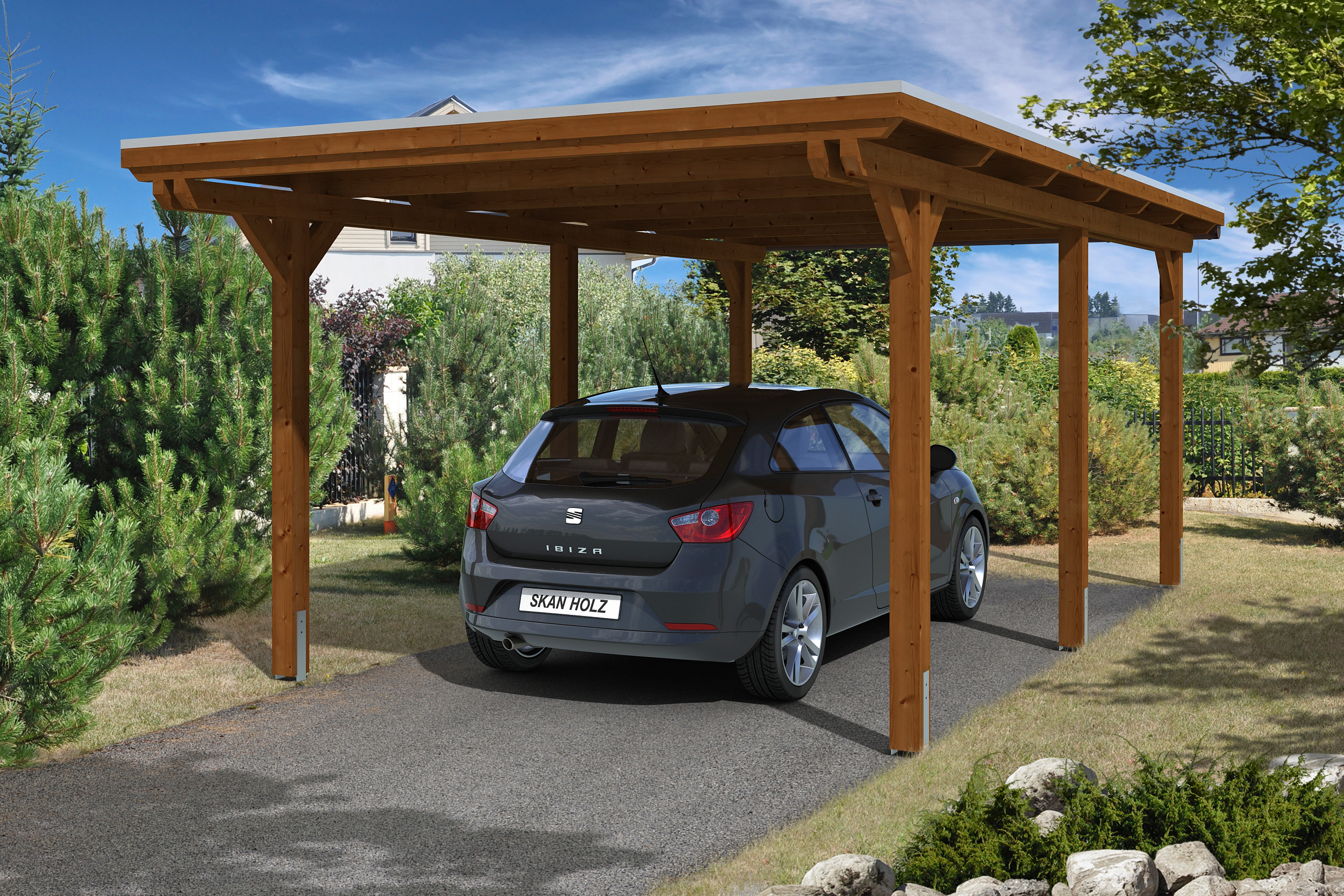 Carport Emsland 354x604cm, nussbaum, 20mm Dachschalung mit EPDM Folie Holzcarport