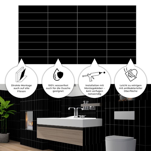 Revét Vinyl Wandfliese Butcherblock Schwarz Hochglanz 120 x 60 cm