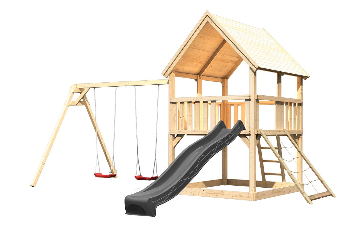 Akubi Kinderspielturm Luis mit Doppelschaukel, Netzrampe und Wellenrutsche anthrazit