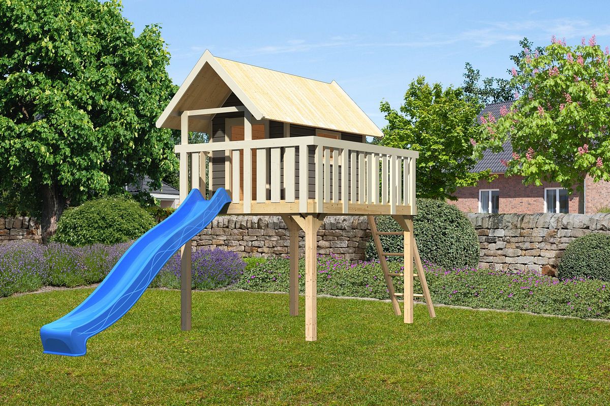 Akubi Steltzenhaus Fidel mit Satteldach inkl. Wellenrutsche terragrau blau