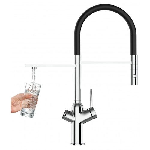 3 Wege Wasserhahn Küchenarmatur, BOD, mit 360° schwenkbarem Auslauf, abnehmbare 2 strahl Handbrause, Verchromt / Schwarz