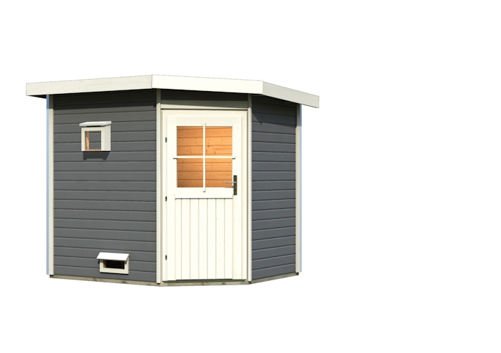 Karibu Gartensauna Pultdach Saunahaus Mikka mit Eckeinstieg terragrau inkl. gratis Sauna-Zubehörset im Wert von 234,94 €