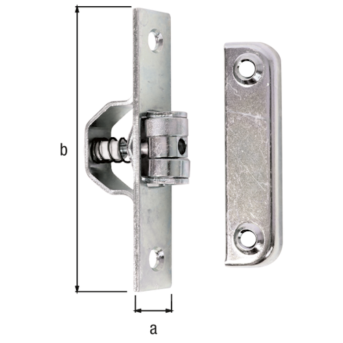 Alberts® Rollschnäpper, für Pendeltore, galvanisch verzinkt dickschichtpassiviert, Platte 18 x 90 mm, Loch ⌀6 / 4,8 mm 411695