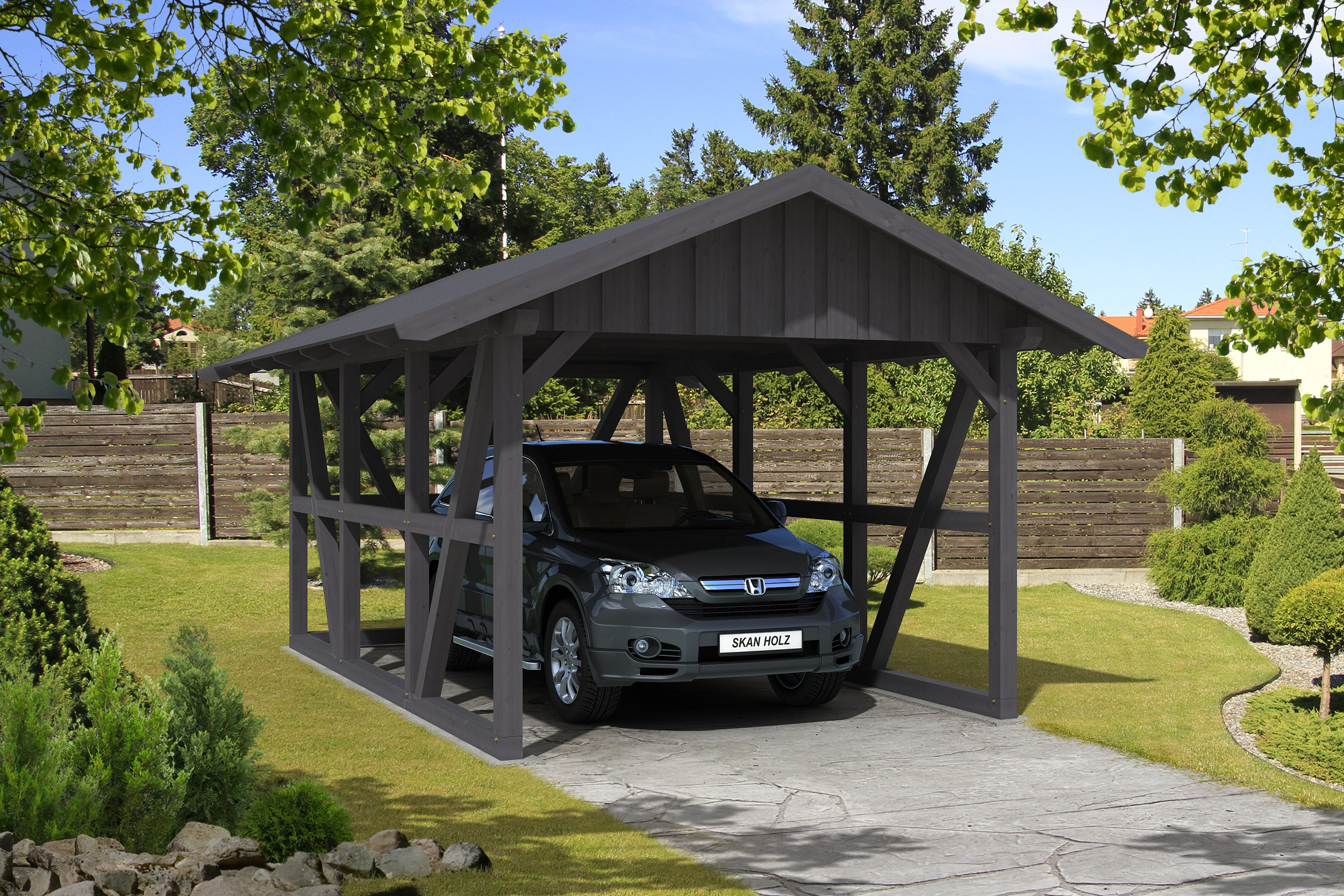 Skan Holz Schwarzwald Satteldach Einzelcarport 424 cm Holzcarport