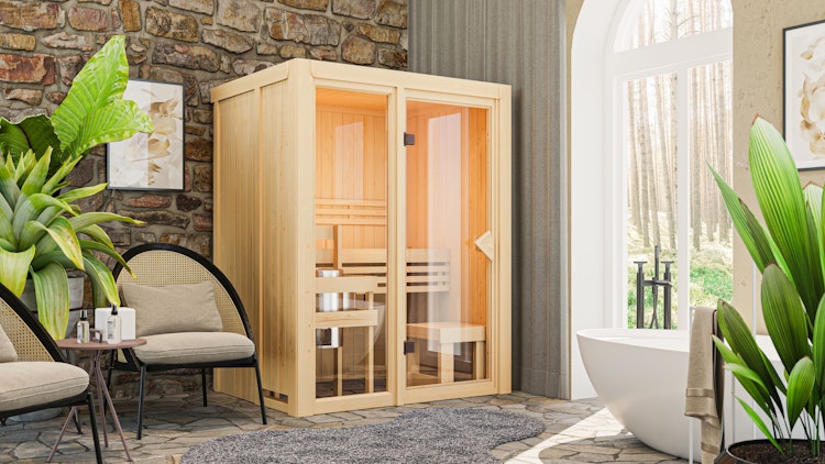 Karibu Sauna Avari 1 Superior mit Fronteinstieg 68 mm - 230 Volt Plug & Play inkl. gratis Sauna-Zubehörset im Wert von 234,94 €