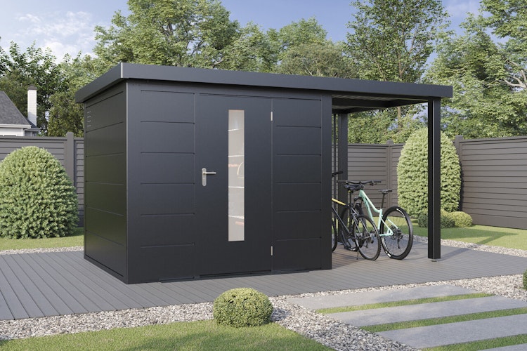 Wolff Finnhaus Premium Metall Gartenhaus Thorin 3924 Anthrazit inkl. 150 cm Anbaudach