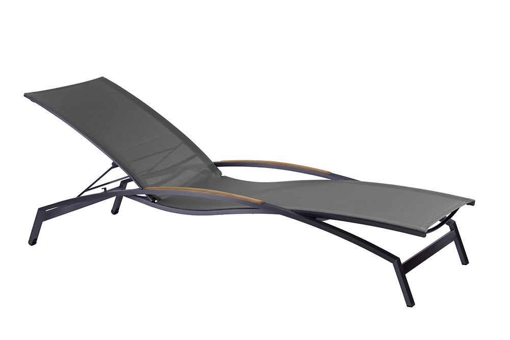 Diamond Garden Liege VALENCIA, Edelstahl Dunkelgrau / Sunproof Sling  Schwarz/Silber / Teak-Armlehnen