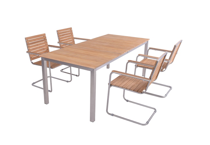 Garden Pleasure Gartenmöbel Set DALLAS / DENVER 05, Tisch 200 x 90 + 4 Schwingstühle, Edelstahl / Teak