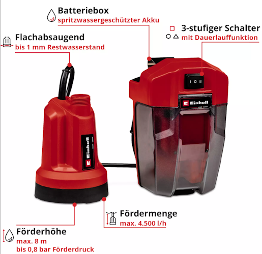 Einhell Akku-Klarwasserpumpe GE-SP 18 LL Li (1x4,0Ah) 4181561