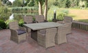 Vorschaubild Garden Pleasure Gartenmöbel Set BORDEAUX II, Tisch 200 x 100 + 6 Sessel, Polyrattan Nelkenbraun / Glasplatte / Kissen 100 % Polyester Dunkelgrau