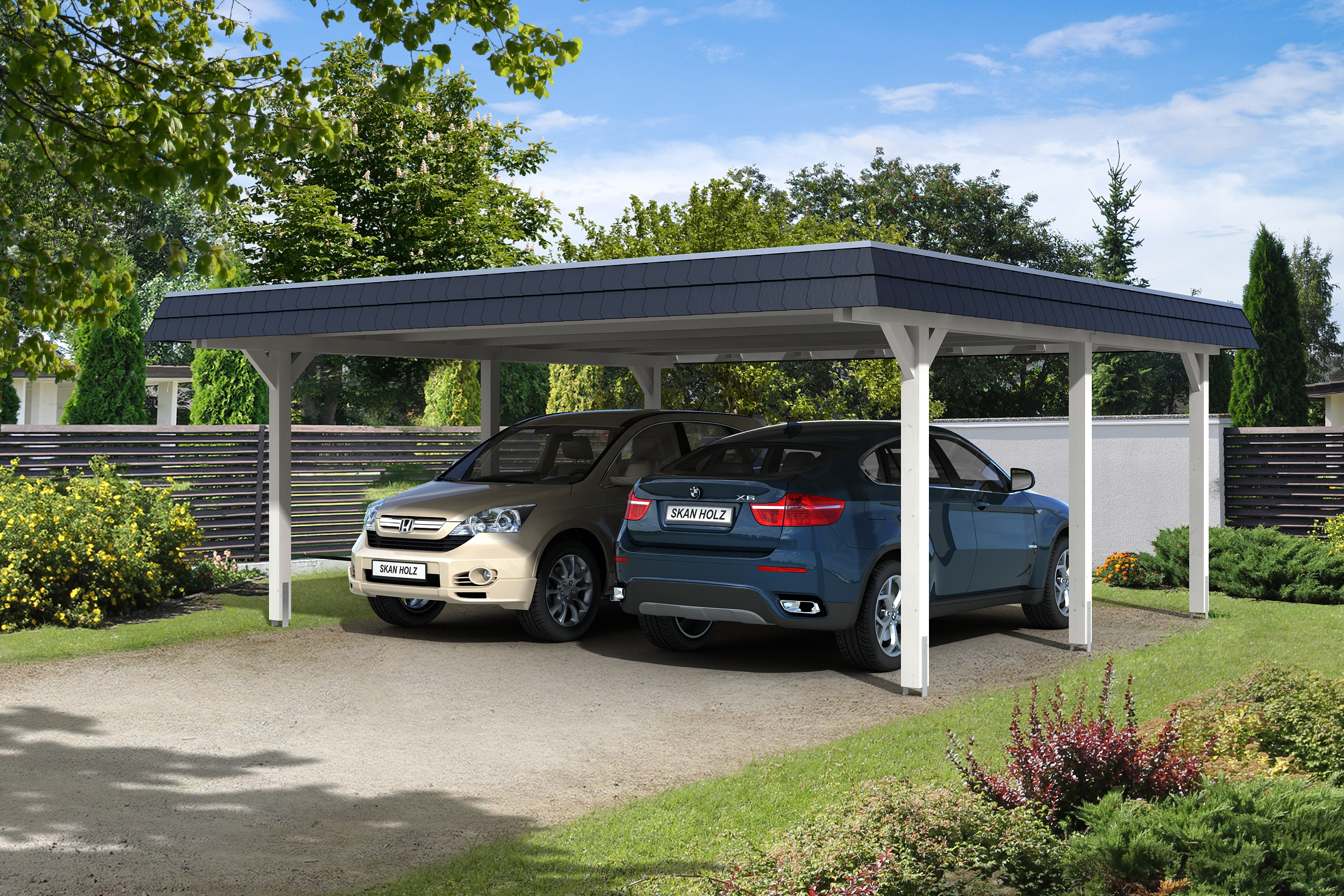 Carport Wendland 630x637 schwarze Blende, weiß, 20mm Dachschalung mit EPDM Folie Holzcarport