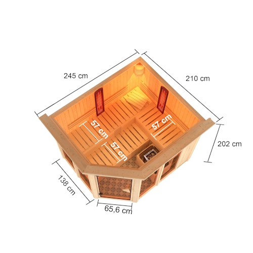 Karibu Multifunktions-Sauna Ava inkl. Infrarotstrahler mit Eckeinstieg 68 mm inkl. gratis Sauna-Zubehörset im Wert von 234,94 €