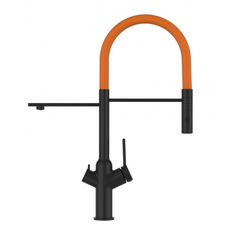 3 Wege Wasserhahn Küchenarmatur, BOD, mit 360° schwenkbarem Auslauf, abnehmbare 2 strahl Handbrause, Schwarz Matt / Orange