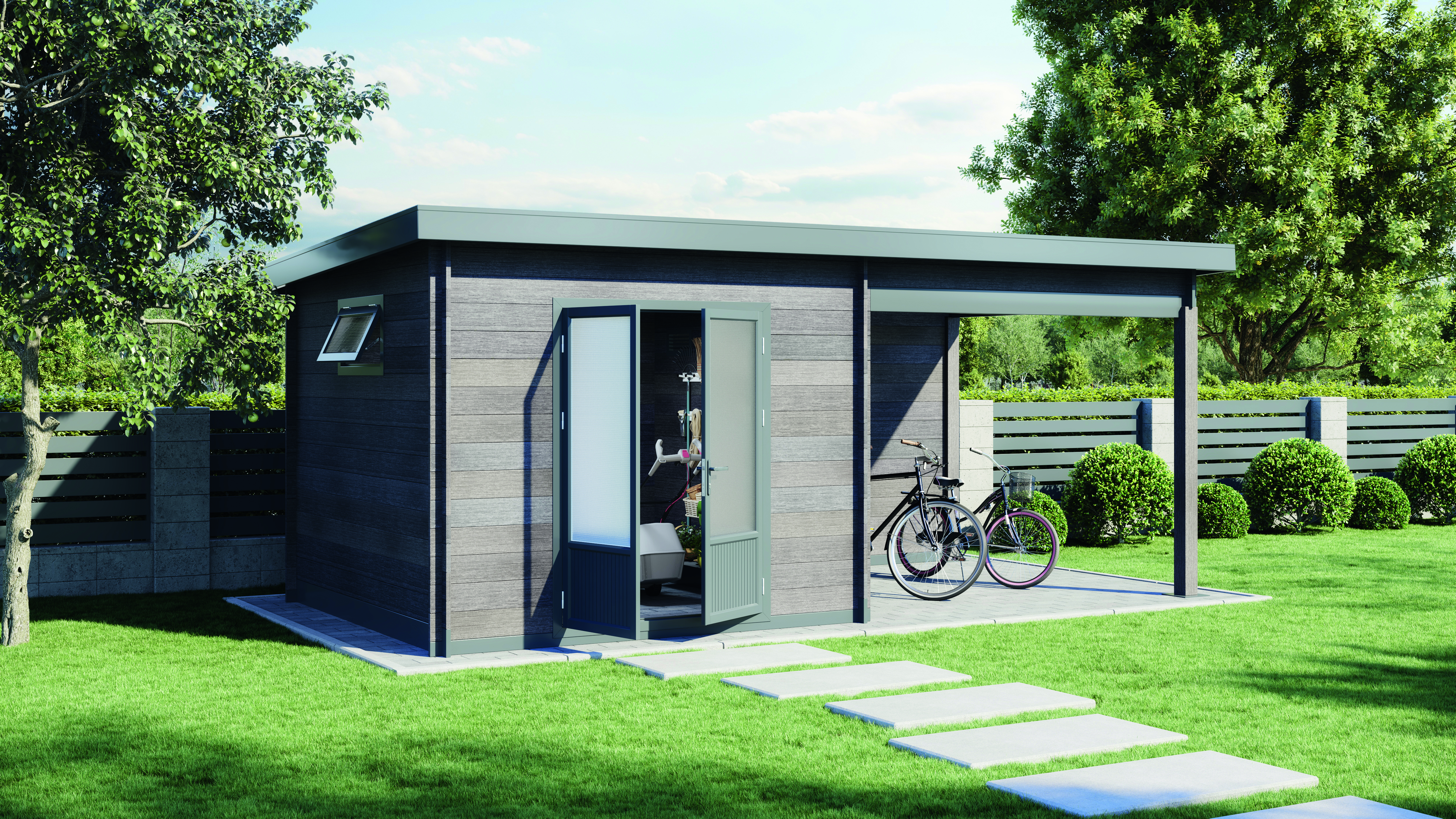 Wolff Finnhaus WPC Gartenhaus Trend D+ mit Lounge-Anbau - 28 mm