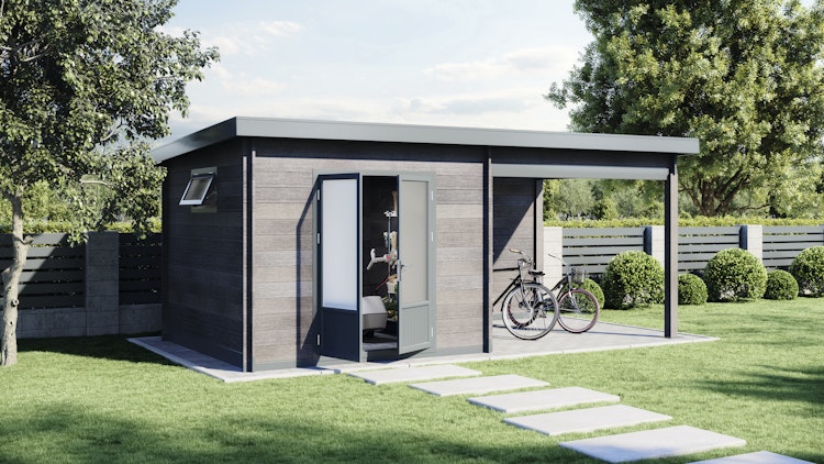 Wolff Finnhaus WPC Gartenhaus Trend D+ mit Lounge-Anbau - 28 mm