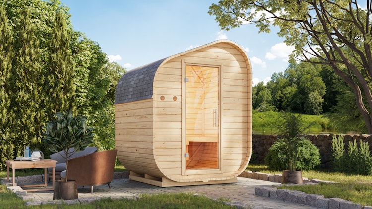 Karibu Saunahaus Fasssauna Asymmetrisch 1 - 38 mm inkl. gratis Sauna-Zubehörset im Wert von 234,94 €