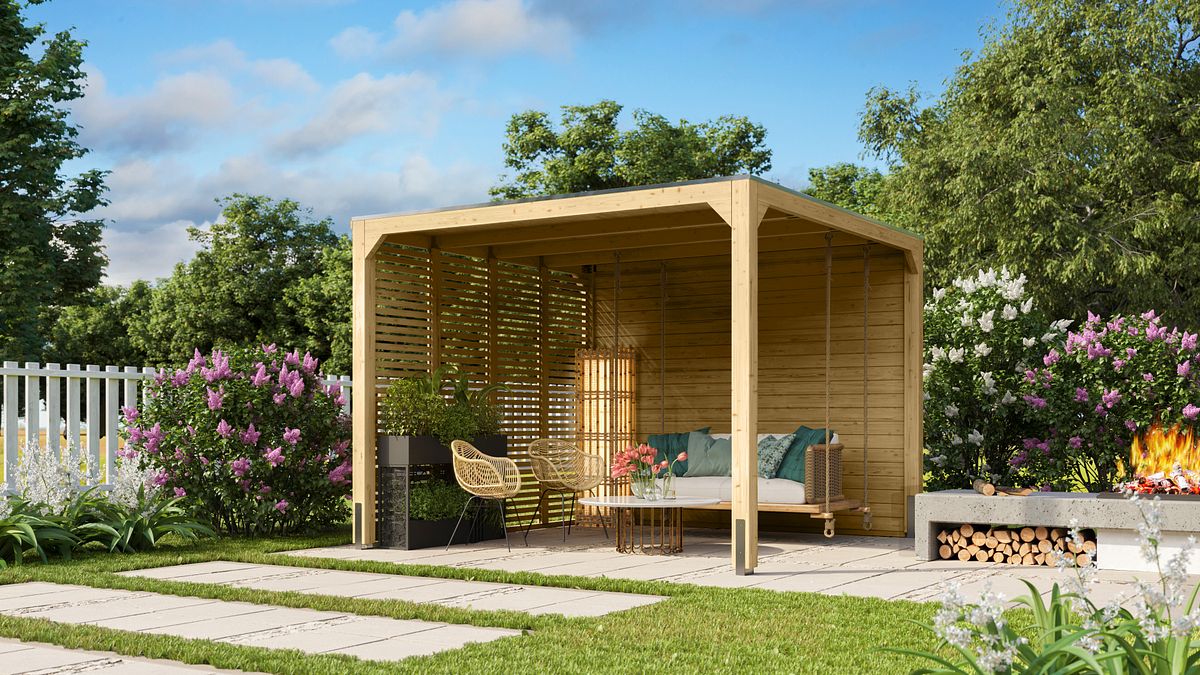 Karibu Pavillon Cubus mit Flachdach inkl. gratis H-Pfostenanker