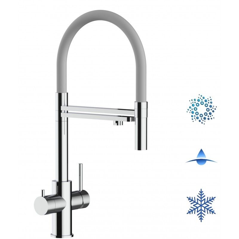 5 Wege Wasserhahn Küchenarmatur, Edelstahl Massiv mit 360° schwenkbarem Auslauf, abnehmbare 2 strahl Handbrause, Hochglanz / Grau