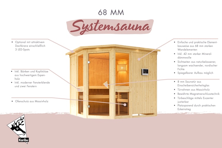 Karibu Amelia 2 - Sauna mit Eckeinstieg 68 mm inkl. gratis Sauna-Zubehörset im Wert von 234,94 €