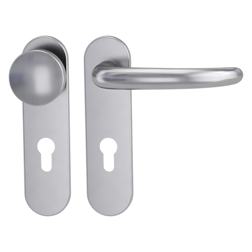 Griffwerk ULMER GRIFF PROF | DESIGN MANUFAKTUR  FS Panik Edelstahl matt -Kurzschild-Garnitur -Schraubt. Knopf R2 -WR -Stift 9mm -TS 38-50mm